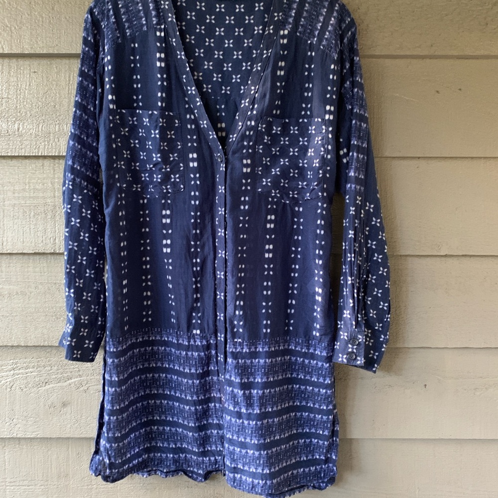 Athleta Tunic Swim Cover Up Silk Blend Side Slits Lightweight Button Up Blue